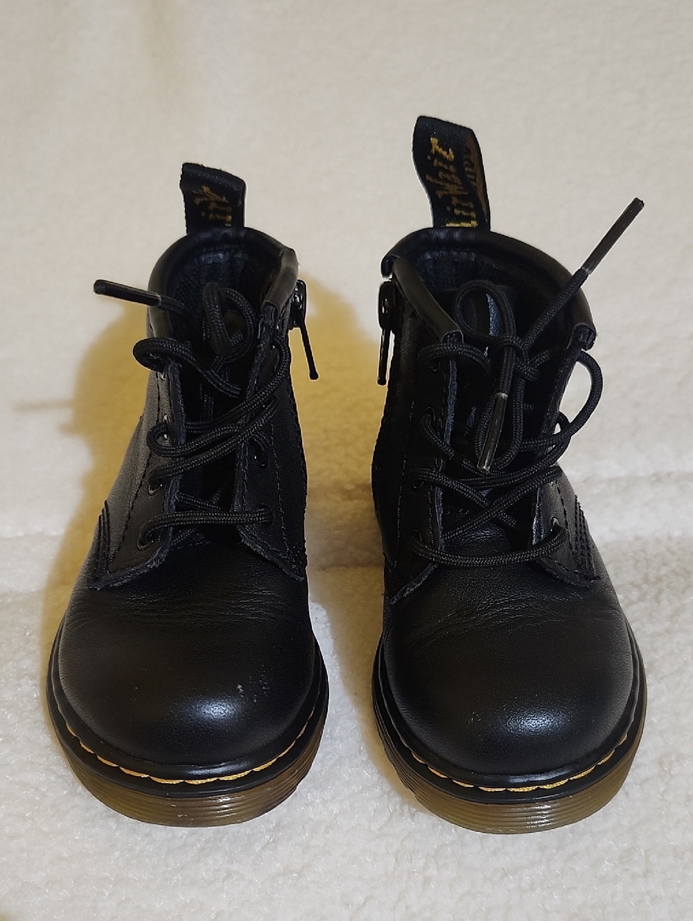 Dr. Martens 1460 Kids Black Lace-Up Ankle Boots with Yellow Stitch. Size 6
